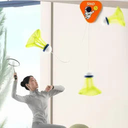 Indoor Badminton Training Set with Retractable Shuttlecock (Without Racket), Wall-Mounted Design, Orange Base, 3 Yellow Shuttlecocks image 1