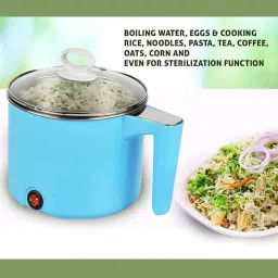 GOPINATH ECOM Electric Cooking Pot and Steamer 1.8L Multi Cooker with Concealed Base | Mini Noodle Maker Egg Boiler Vegetable Rice Cooker | Non Stick Multifunction Hot Pot with Glass Lid Blue image 1