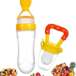 Baby Feeding Product | Combo of Babies Silicone Spoon Food Feeder 190ml & Fruit Nibbler Pack of 2(Yellow) image 2