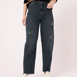 DressBerry Women Edgy Grunge Slouchy Fit Distressed Light Fade Stretchable Frayed Jeans image 2