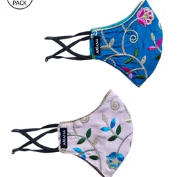 Ariana Women Pack Of 2 Blue & Lavender Floral Embroidered 2-Ply Reusable Cloth Face Masks-picture-17