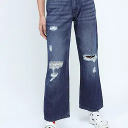 Tokyo Talkies Women Blue Straight Fit Highly Distressed Heavy Fade Cotton Jeans-picture-35