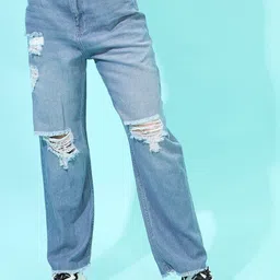 Tokyo Talkies Women Blue Straight Fit Highly Distressed Light Fade Jeans-image-52