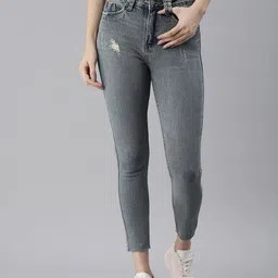 SHOWOFF Women Blue Slim Fit High-Rise Mildly Distressed Heavy Fade Stretchable Jeans-image-79