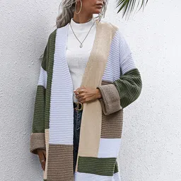 StyleCast Olive Green & White Colourblocked Longline Front-Open Sweater-picture-27