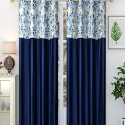 Homefab India Stylish Fern Navy Blue & White 2 Pieces Floral Printed Door Curtains-image-82