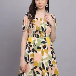 Rediscover Fashion Cream-Coloured Floral Print Puff Sleeve Crepe Fit & Flare Dress image 1