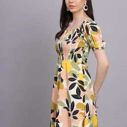 Rediscover Fashion Cream-Coloured Floral Print Puff Sleeve Crepe Fit & Flare Dress image 4