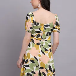 Rediscover Fashion Cream-Coloured Floral Print Puff Sleeve Crepe Fit & Flare Dress image 5