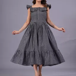 SARAI CREATIONS Striped Off-Shoulder Flutter Sleeve Fit & Flare Midi Dress-picture-24