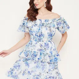 Bitterlime Floral Print Off-Shoulder Flared Sleeve Georgette Fit & Flare Dress image 1