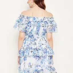 Bitterlime Floral Print Off-Shoulder Flared Sleeve Georgette Fit & Flare Dress image 5