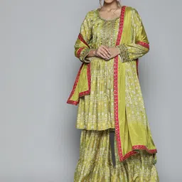 Kvsfab Women Olive Green Ethnic Motifs Printed Mirror Work Kurta with Sharara & Dupatta image 1