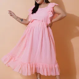 U&F Beyond Plus Size Self Design Square Neck Ruffled Georgette Fit and Flare Midi Dress-picture-34