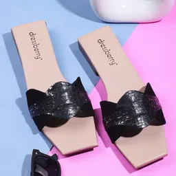 DressBerry Black & Beige Printed Open Toe Flats-image-21