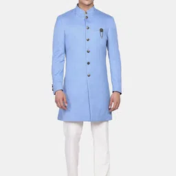 Blackberrys Men Blue & White 2-Piece Solid Slim-Fit Bandhgala Suit-picture-45