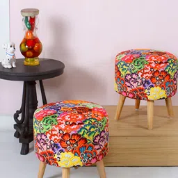 Shadowkart Red & Yellow 2 Pieces Printed Wooden Ottomans image 1