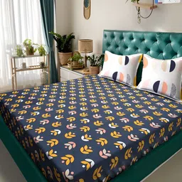KLOTTHE Blue & Yellow Floral Fitted 300TC Double King Bedsheet With 2 Pillow Covers-image-98