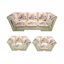 MONKDECOR Off White & Blue 12 Pieces Printed Velvet 5 Seater Sofa Cover With Arms image 1