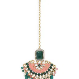 OOMPH Kundan Studded & Beaded Meenakari Maang Tika & Earrings image 5