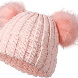 krystle Toddler Double Pom Pom Beanie Kids Winter hat Warm Soft Toddler Cap Cute Kids Knitted Beanie for Baby Boys and Baby Girls (7-12Years)(Pink) image 2