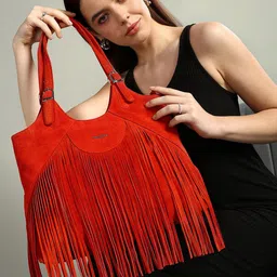 Sassora Textured Leather Shopper Shoulder Bag With Fringed-picture-21