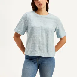 levi's Women's Textured Light Blue Round Neck Top image 2