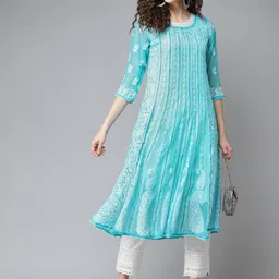 ADA Women Blue & White Ethnic Motifs Chikankari Embroidered Georgette Handloom Kurta-picture-37