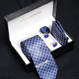 MUTAQINOTI Men Checks Blue Silk Blend Necktie Accessory Gift Set-picture-37