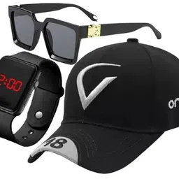 GIFFEMANS Latest Baseball Cotton Summer Fashion Cap for Sports, Cricket, Adjustable Buckle Casual Caps|Black Sunglasses and Multi Function Digital Sports Watch for Men's and Women's Combo Pack of 3 image 1