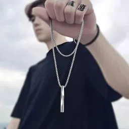 krystalz Twisted Long Bar Pendant For Mens & Boys | Alloy Steel Trendy Simple Chain Pendant For Mens | Box Chain Bar Pendant image 2