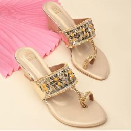 ROCIA Women Gold Mirror Work Kolhapuri Wedges Heels-picture-19