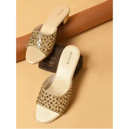 ROCIA By Regal Gold Women Fancy Mesh Studded Block Heels Sandals-picture-34