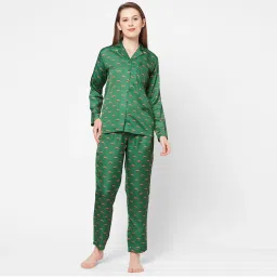 Drape In Vogue Women Fox Print Satin Night Suit - Green-image-24
