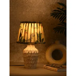 Green Girgit Wooden Chipped White Lamp with Pleated Multi-Color Black Shade image 1