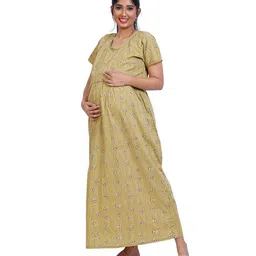 menmaii Zipless One Piece Maternity & Feeding Dress/Gown/Nighty| 100% Cotton with a Side Pocket | Calf/Full Length/for Pregnancy & Nursing- (L to 4XL) image 1