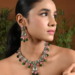 I Jewels Silver-Plated Kundan Studded And Pearls Jewellery Set-picture-11