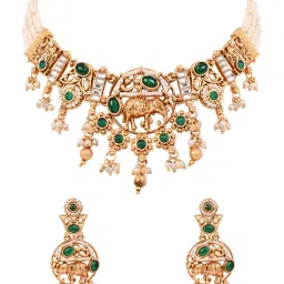 I Jewels Green Rajwadi Gold Plated Elephant Kundan Jewellery Set-image-39