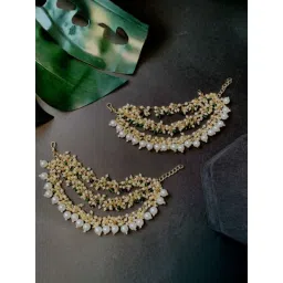 I Jewels Gold Plated White and Green Traditional Multi Layered Pearl Ear Chain image 1