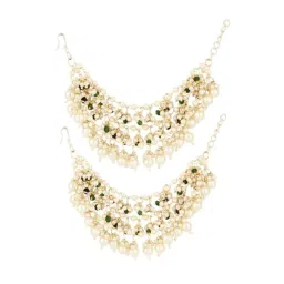 I Jewels Gold Plated White and Green Traditional Multi Layered Pearl Ear Chain image 2