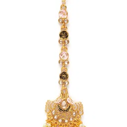 ANIKAS CREATION Gold-Plated Pink & White Kundan & Pearl Hand-Painted Ganthan Enamelled Maang Tikka image 2