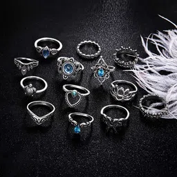 Fashion Frill Set Of 13 Silver-Plated Blue Floral Finger Ring image 2