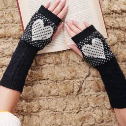Bharatasya Women Black & White Self-Design Long Mittens Winter Hand Gloves image 1