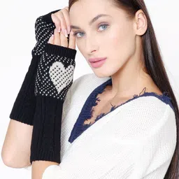 Bharatasya Women Black & White Self-Design Long Mittens Winter Hand Gloves image 4