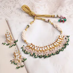Rubans 24K Gold-Plated Pachi Kundan Choker Set with Light Gold Beads & Green Accents image 2