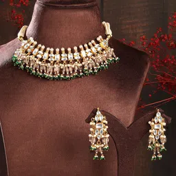 Rubans 24K Gold-Plated Pachi Kundan Choker Set with Light Gold Beads & Green Accents image 4