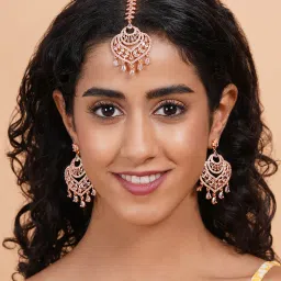 STILEADDA White Cz Stone Rose Gold Plated Maangtika with Pair Of Earrings-image-42