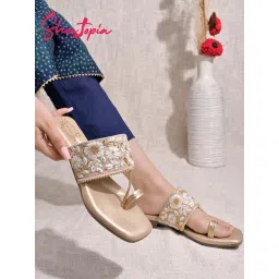 Shoetopia Embellished Golden Kolhapuri Flats for Women image 3