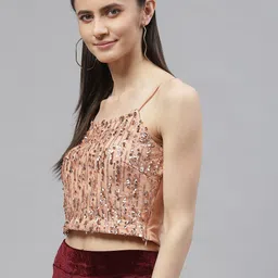 plusS Women Nude-Coloured Poly Georgette Sequined Crop Top image 3