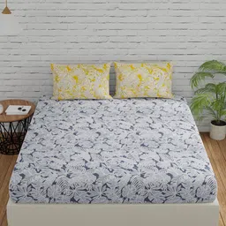 Huesland Yellow & Blue 3 Pieces Floral Cotton 144 TC Queen Bedsheet with 2 Pillow Covers image 2